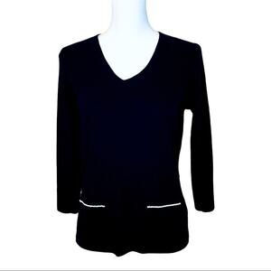 Vintage Rena Rowan Black Knit Top with White Trim 3/4 Sleeves Size Medium